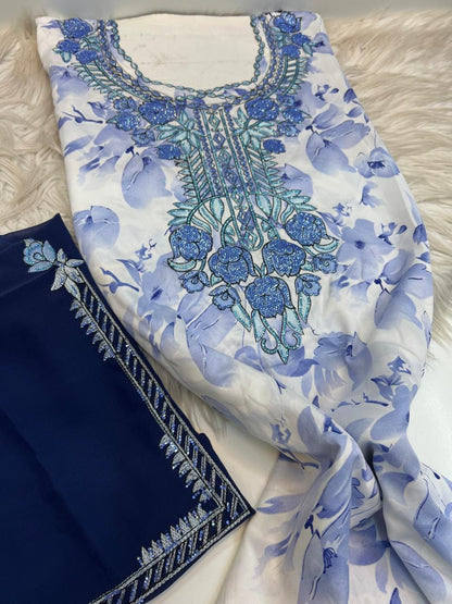Blue and white floral mukhawar fabric with blue embroidered neckline and navy shayla