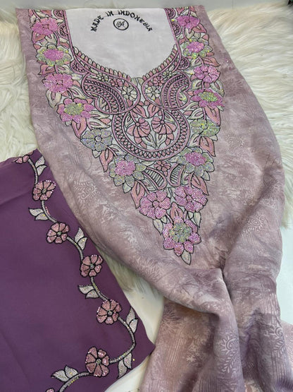 Dusty rose floral mukhawar fabric with pink and silver embroidered neckline and plum shayla