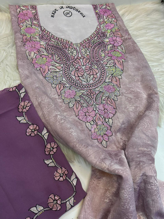 Dusty rose floral mukhawar fabric with pink and silver embroidered neckline and plum shayla