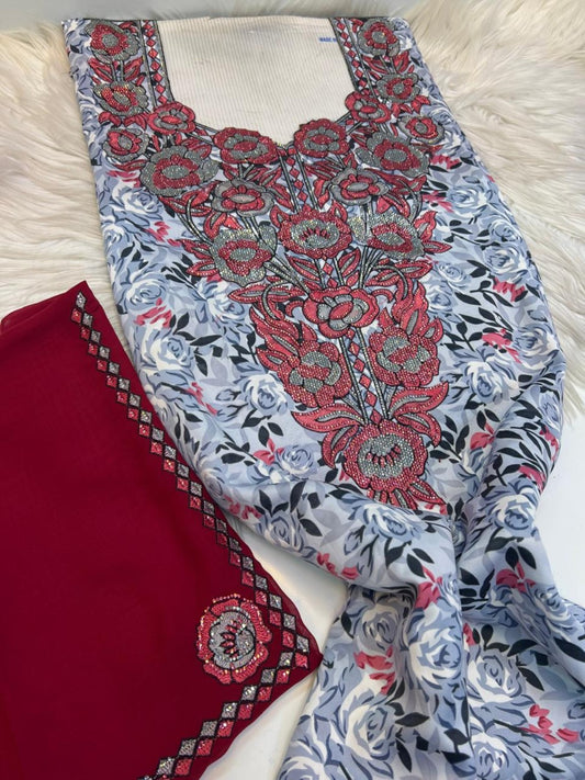 Grey rose print mukhawar fabric with red and silver embroidered neckline and deep red shayla
